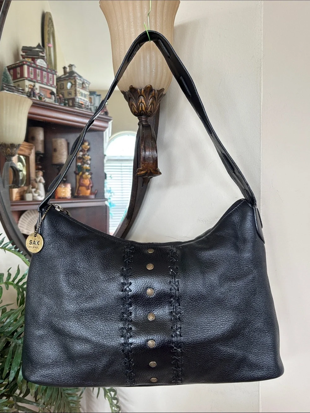 Vintage THE SAK Genuine Leather Black Zippered Hobo Shoulder Bag Studded Braided
